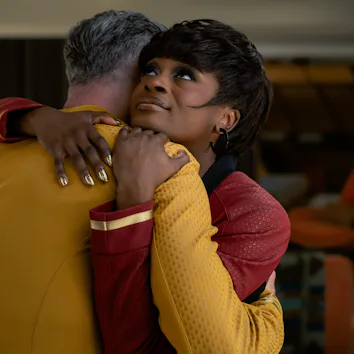 Pike and Uhura in "Tomorrow's Enterprise."