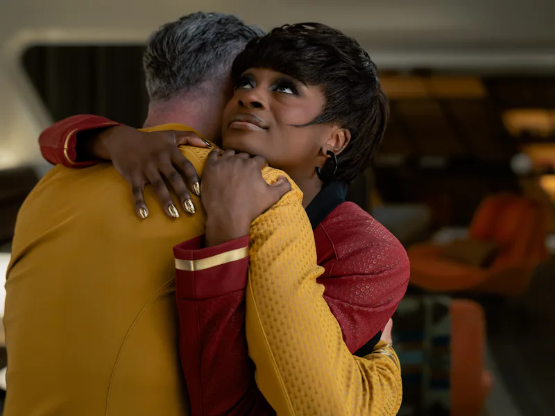 Pike and Uhura in "Tomorrow's Enterprise."