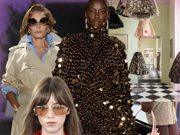Clockwise from top left: A look from Gucci, Anok Yai in Ferragamo, a look at the Pradasphere exhibit...