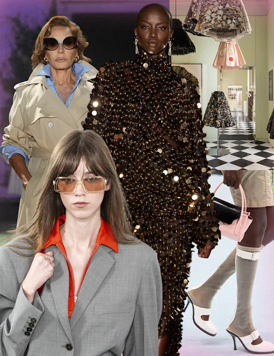 Clockwise from top left: A look from Gucci, Anok Yai in Ferragamo, a look at the Pradasphere exhibit...