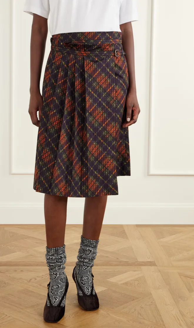 Checked Pleated Cotton Midi Skirt