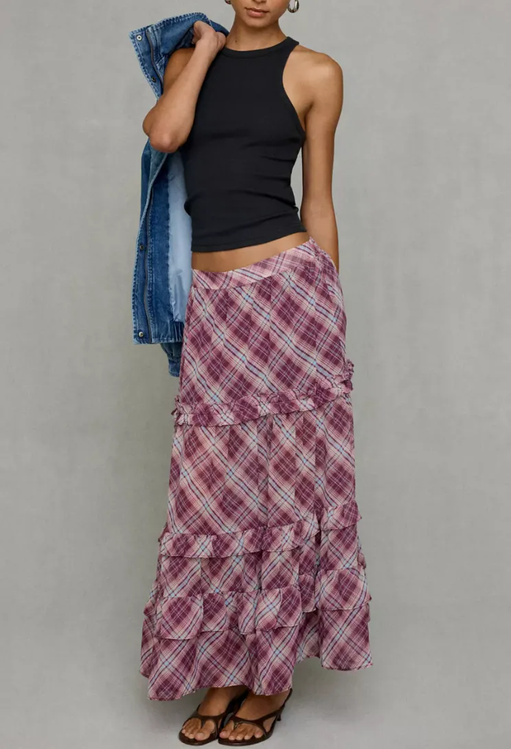 Kimchi Blue Yasmin Plaid Tiered Maxi Skirt