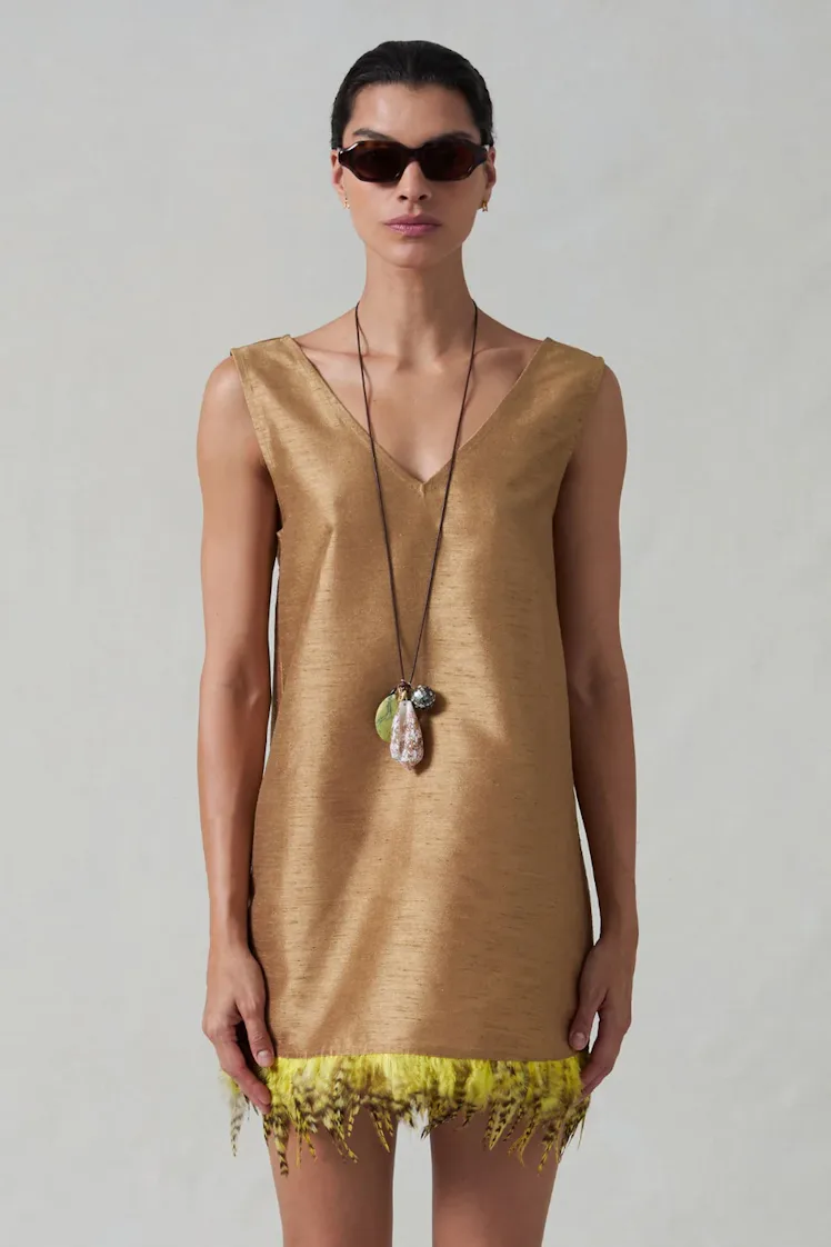 Feather Dupioni Tank Camel