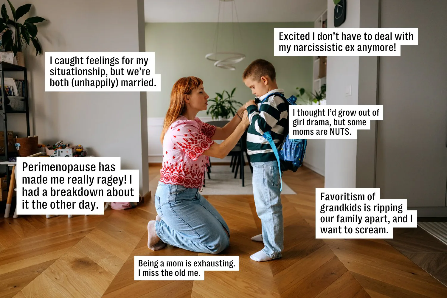 Woman kneeling to adjust a young boy's backpack in a bright living room; caption boxes around them s...