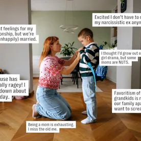 Woman kneeling to adjust a young boy's backpack in a bright living room; caption boxes around them s...