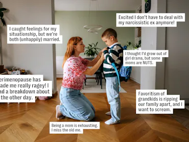 Woman kneeling to adjust a young boy's backpack in a bright living room; caption boxes around them s...