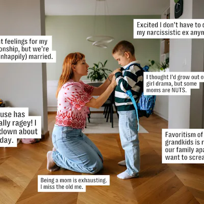 Woman kneeling to adjust a young boy's backpack in a bright living room; caption boxes around them show varied emotional statements about motherhood and family strain.