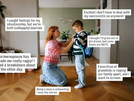 Woman kneeling to adjust a young boy's backpack in a bright living room; caption boxes around them s...