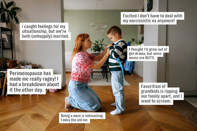Woman kneeling to adjust a young boy's backpack in a bright living room; caption boxes around them s...