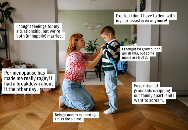Woman kneeling to adjust a young boy's backpack in a bright living room; caption boxes around them s...
