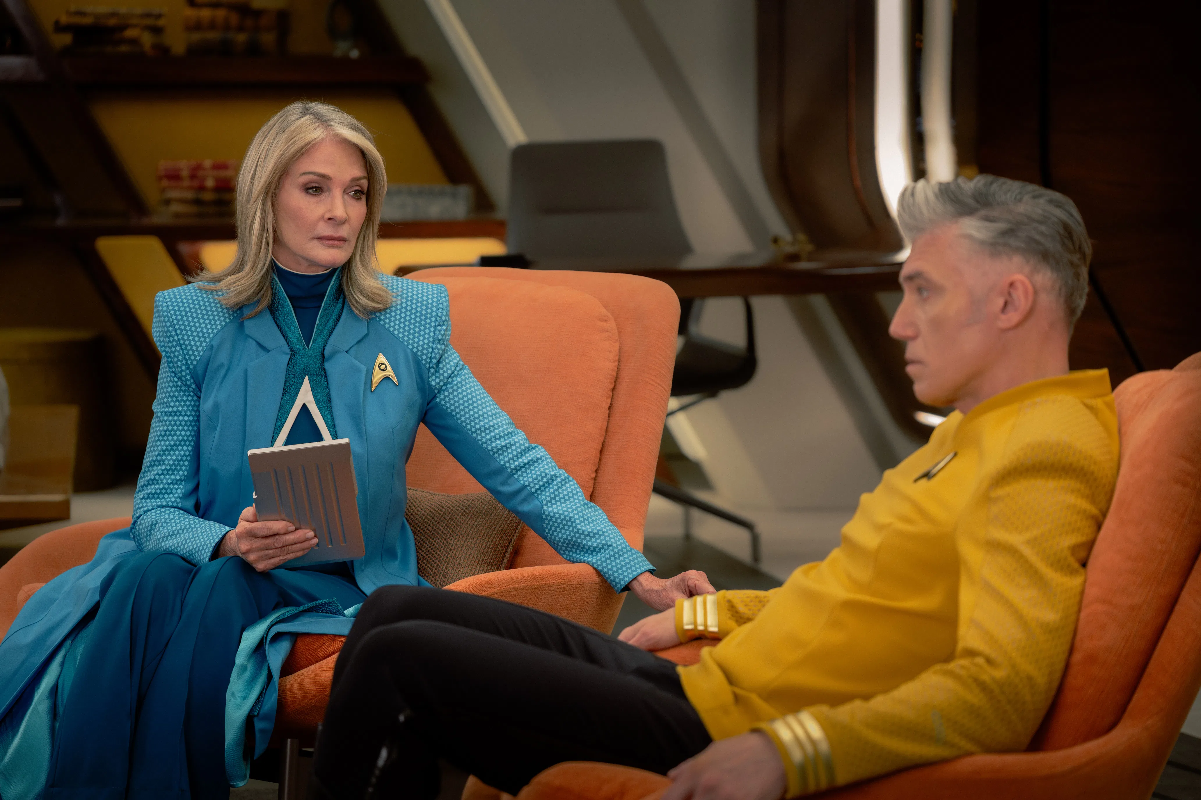 (L-R): Deidre Hall as Dr. Chivers and Anson Mount as Captain Pike in Star Trek: Strange New Worlds, ...