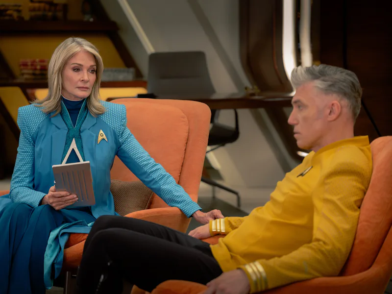 (L-R): Deidre Hall as Dr. Chivers and Anson Mount as Captain Pike in Star Trek: Strange New Worlds, ...