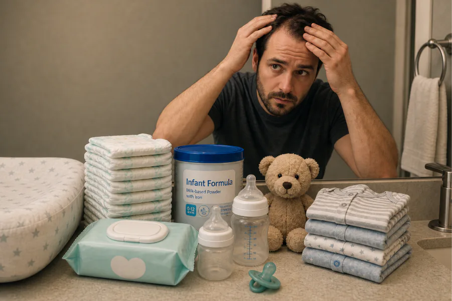 New father examining his receding hairline in a bathroom mirror. ©Cosmedica Clinic 