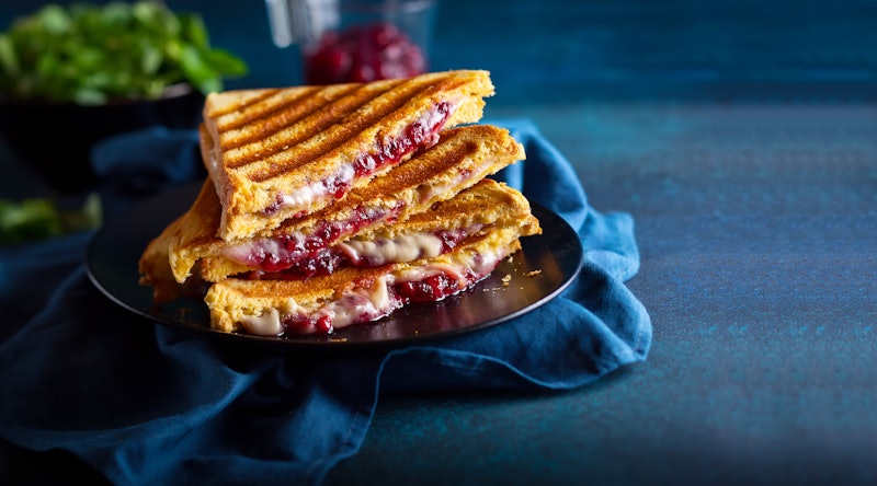 Grilled sandwiches with cheese, ham and cranberry chutney on plate. Perfectly idea for Christmas lun...