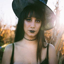 Halloween costume witch girl portrait in a cornfield at sunset. Beautiful serious young woman in wit...
