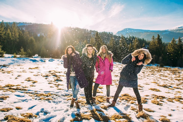 happy, joyful group of young people in the mountains