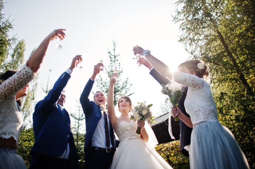 Wedding couple and groomsmen with bridesmaids drinking outdoors in the park. If you're sober at a we...