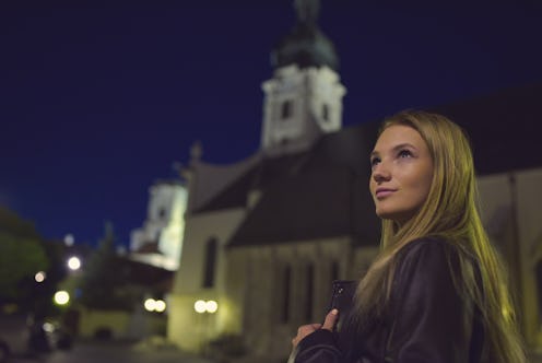 Teen Girl Night Portrait with Church Tower