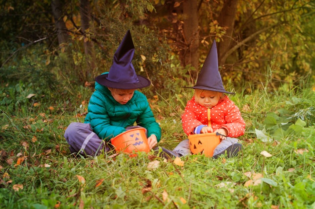 kids in halloween costume play at autumn, trick or treating