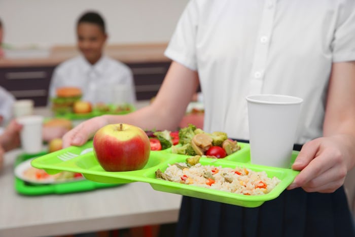 Student holds lunch tray in cafeteria. 