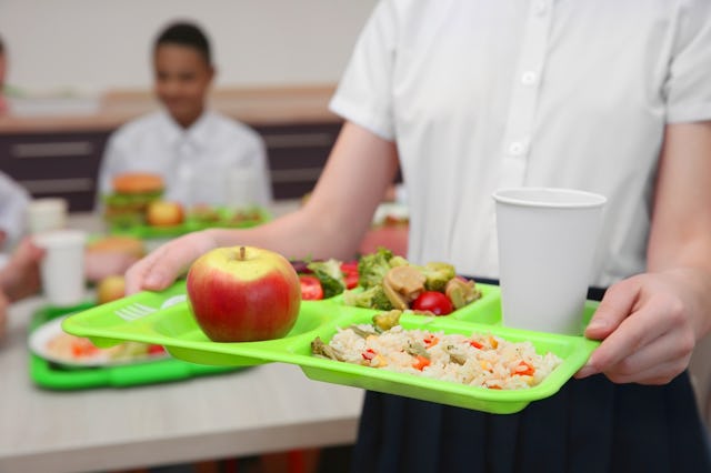 Student holds lunch tray in cafeteria.