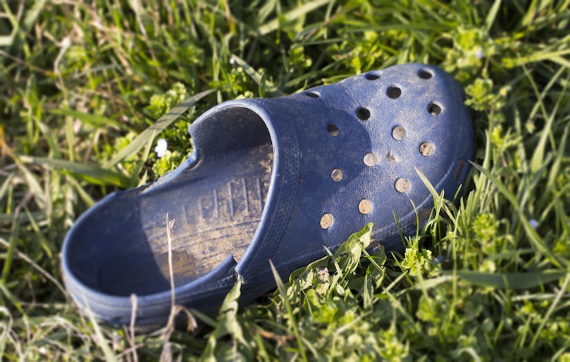 Blue plastic sandal in the green grass