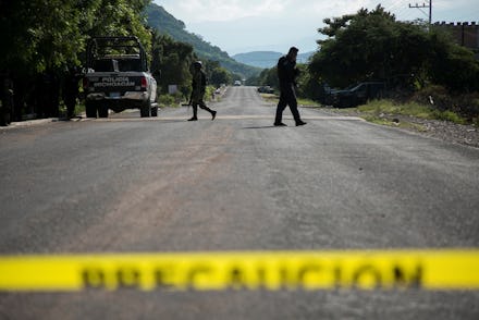 General view of the operation of the Security Forces after the ambush of a police convoy by an armed...