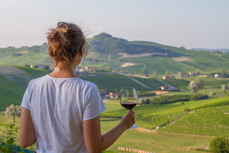 handsome girl holding a glass of red wine looking amazing green vineyards in the italian region of P...