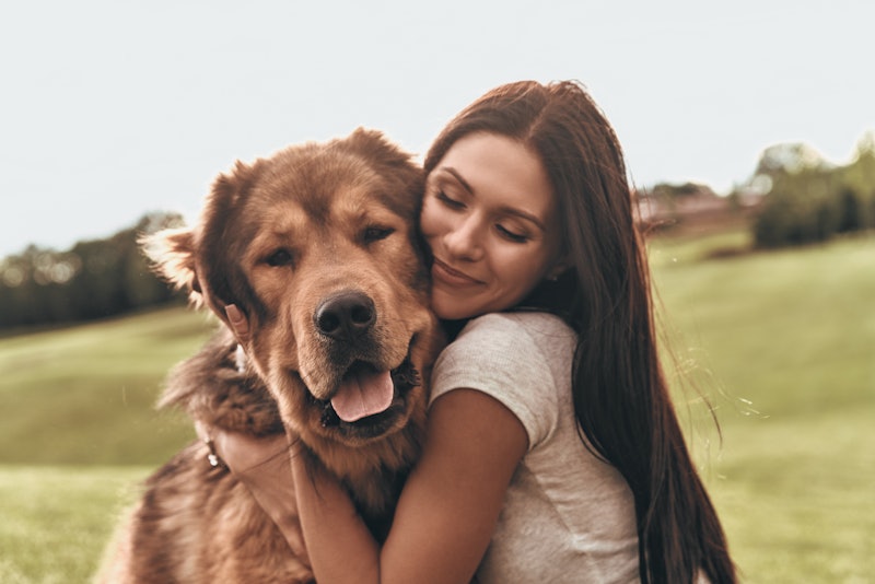 Her best friend. Beautiful young woman keeping eyes closed and smiling while embracing her dog outdo...