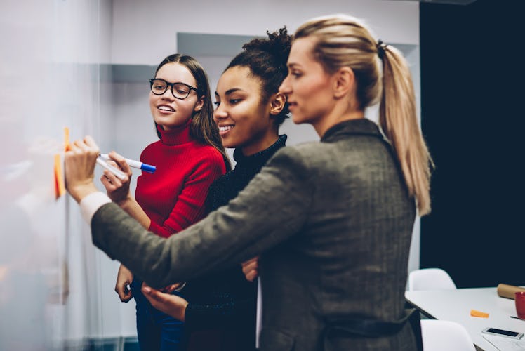 Smiling multiracial women colleagues standing near flip chart for drawing graphic of productivity co...