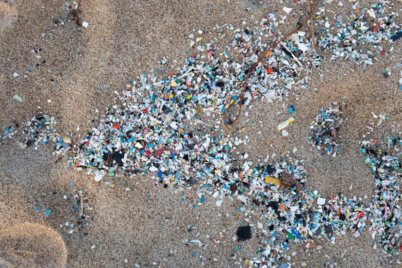 Microplastic washed up on southern Italian beach near Cosenza after a sea storm.