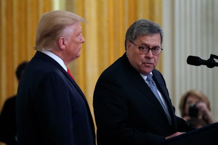 Attorney General William Barr speaks as President Donald Trump listens, during a Medal of Valor and ...
