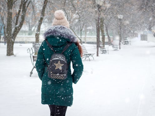 Lonely girl walking in the park during snowfall