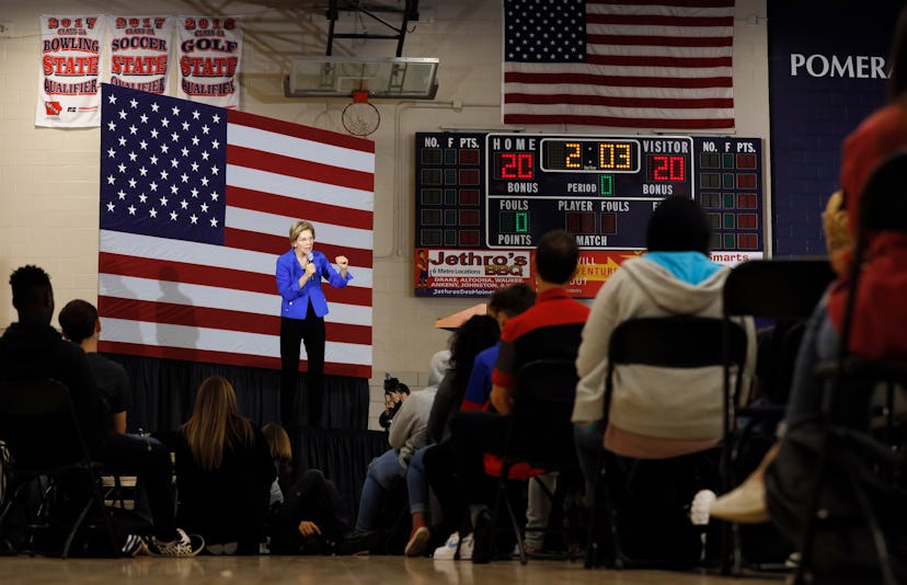Democratic presidential candidate Sen. Elizabeth Warren, D-Mass., speaks to students and staff at Ro...