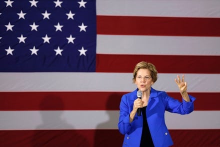 Democratic presidential candidate Sen. Elizabeth Warren, D-Mass., speaks to students and staff at Ro...