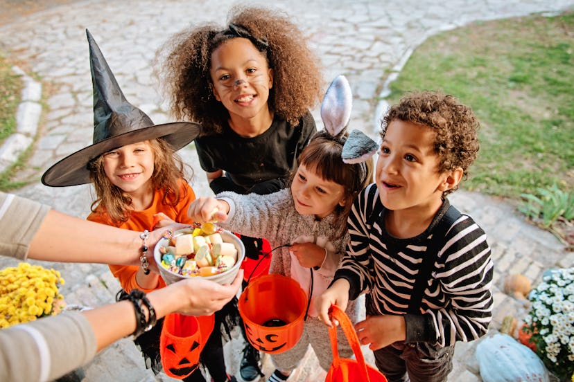 Children dressed up on Halloween, possibly hoping no one steals their candy from trick-or-treating.