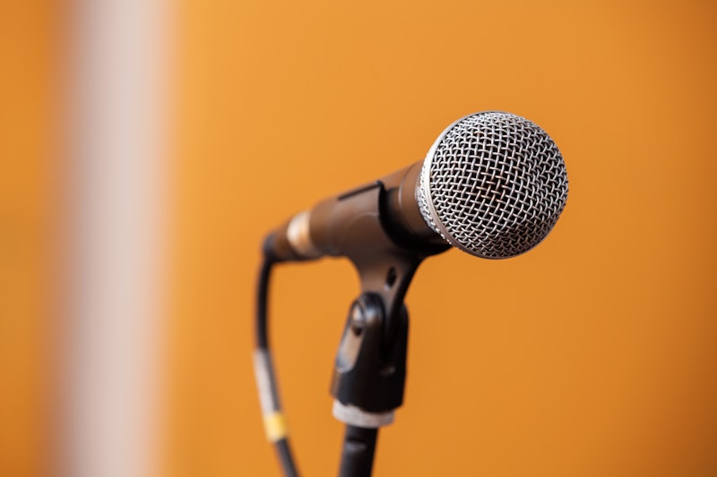 Closeup of microphone in recording studio