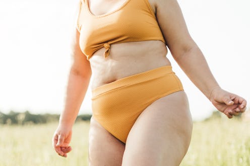 chubby and skinny girls dressed in stylish lingerie loving herself and her body posing for photo in ...