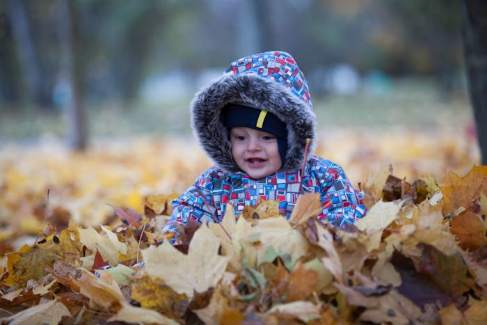 Funny baby in winter clothes (overalls) is sitting in a pile of leaves