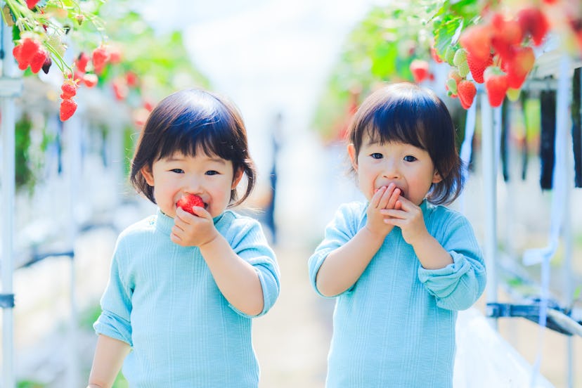 Kids eat strawberries