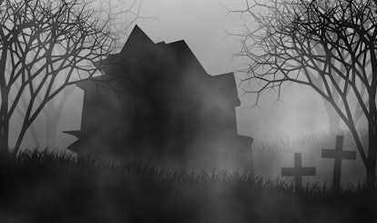Haunted house on graveyard among creepy forest in scary night illustration halloween concept design ...