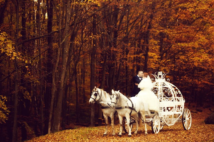 Young wedding romantic couple of bride in white dress and bridegroom in suit in cinderella carriage ...
