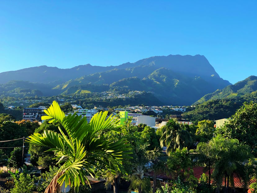 Early morning view of the mountains from Pape'ete, Tahiti, Society Islands, French Polynesia. Pape'e...
