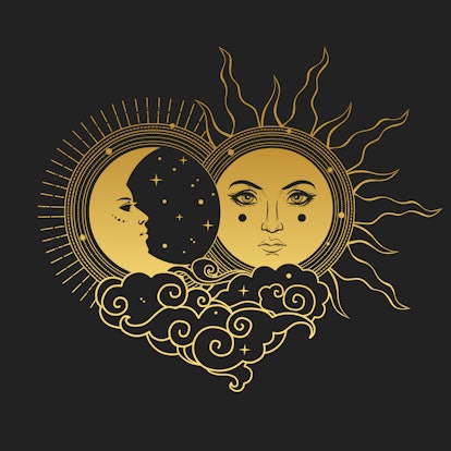 Moon and Sun, Day and Night. Vector hand drawn illustration