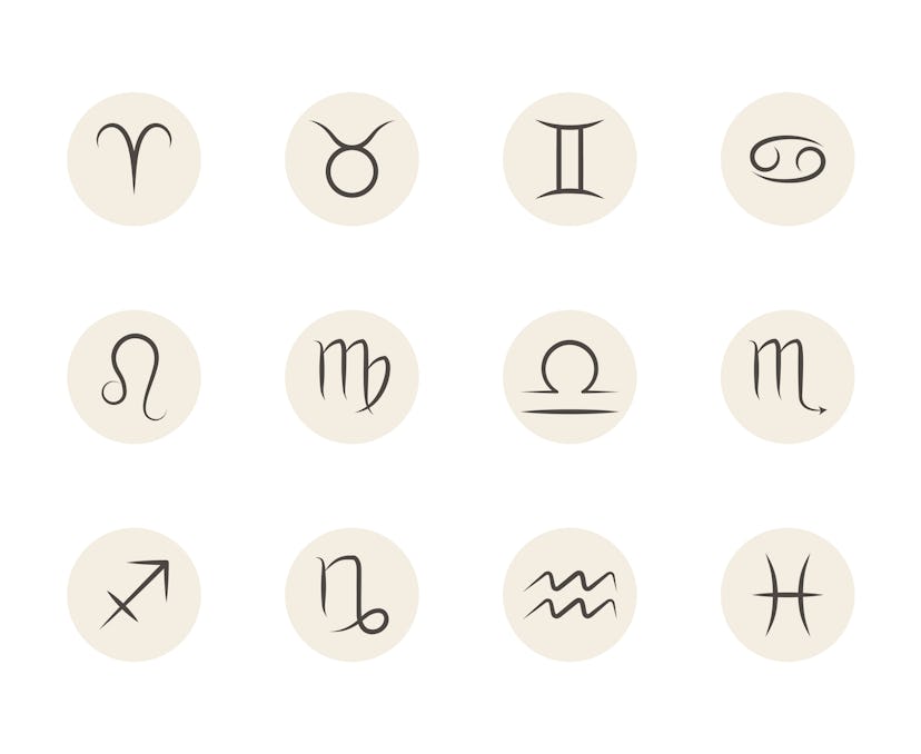 Set of vector Zodiac signs in circles white background as Tattoo inspiration