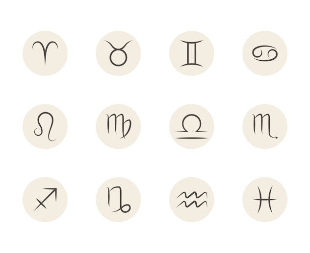 Set of vector Zodiac signs in circles white background as Tattoo inspiration