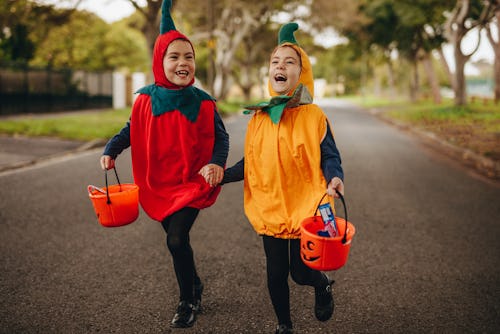 Happy kids in halloween costume trick or treating outdoors. Two little girls in halloween costume wi...