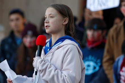 Greta Thunberg, r m. Swedish climate activist Greta Thunberg speaks to several thousand people at a ...