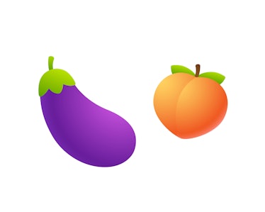 Cartoon eggplant and peach emoji icon. Funny symbolic representation of male and female sexual organ...