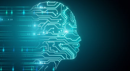 Glowing circuit head on blue background. 3D Rendering